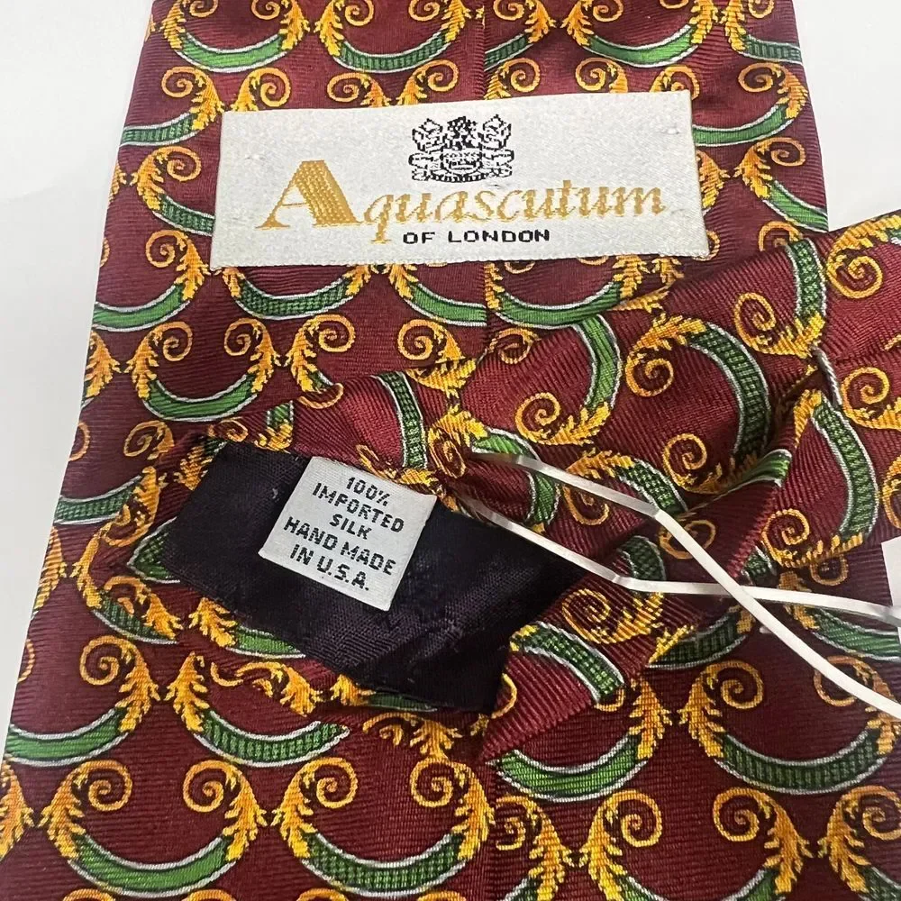 Aquascutum of London Silk Tie Burgundy Green Gold Scroll Pattern Classic Necktie